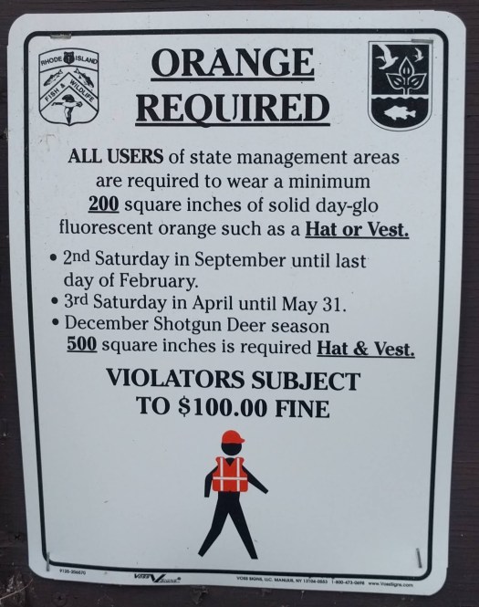 A sign detailing Rhode Island safety regulations requiring all users of state management areas to wear fluorescent orange during specific hunting seasons, with penalties for non-compliance.